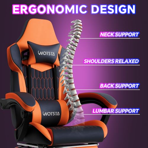 WOTSTA Gaming Chair with Footrest, High Back Gaming Chairs PVC Leather Ergonomic Gamer Chair with Adjustable Headrest Lumbar Support Racing Style Video Gaming Chair for Office/Home (Black Orange)