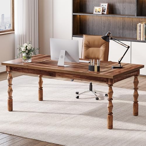 Tribesigns Large Executive Office Desk, 62.2-Inch Farmhouse Modern Computer Desk, Mid Century Study Writing Table Workstations Business Office Furniture with Carved Turned Legs (Walnut)