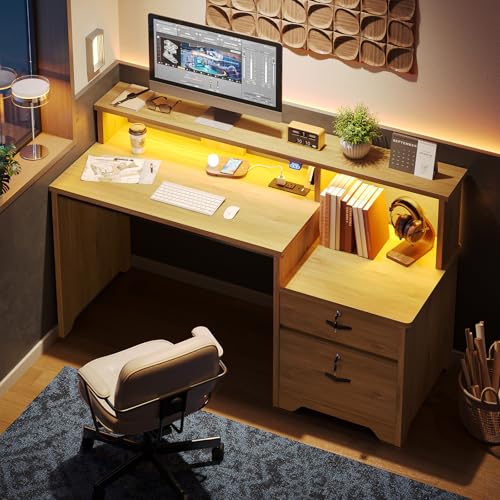Bestier 55" Computer Desk with Power Outlets & LED Lights, Home Office Desk with Lockable File Drawer & Printer Shelf, Monitor Stand, Modern Workstation for Gaming Study, Natural Oak