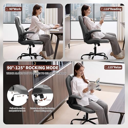 Nexthro Executive Office Chair PU,Leather Office Chair with Wheels,360° Swivel Rolling Chair with Padded Arms,Ergonomic Computer Chair with Lumbar Support for Short People Use (Grey)