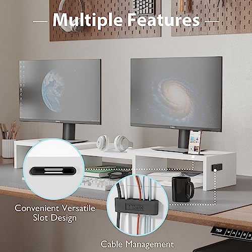 BONTEC Dual Monitor Stand Riser, Adjustable Length & Swivel Angle, Ergonomic Wooden Desktop Organizer with Smartphone Holder, Computer Monitor Stand for PC Monitor, Laptop, Printer, Large Storage