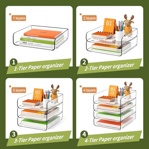 FANXIYQ 4-Tier Acrylic Paper Tray Organizer, Clear Stackable Desk File Organizer for Documents, Files, Letters, A4 Paper, Books, Notes, Mail & Paper Storage, Office Classroom Home