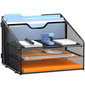 GAWERK Letter Tray Organizer, Mesh Desk File Organizer with 3 Paper Trays and 2 Vertical Upright Section, Blank