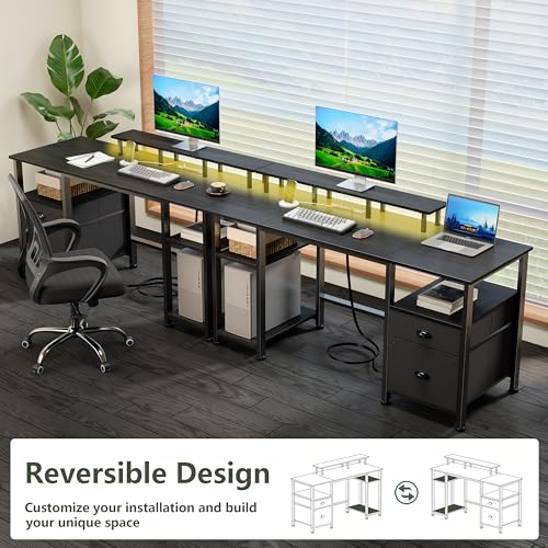 Furologee 61" Gaming Desk with Power Outlets & LED Lights, Reversible Computer Desk with File Cabinet & Monitor Stand for Home Office, Large Work Table with Storage Shelves & Drawer, Black