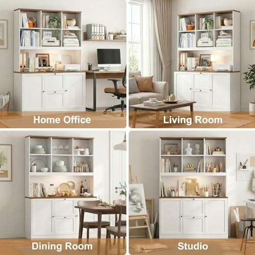 HIFIT 72'' Tall File Bookcase with Power Outlet & Printer Stand, 2 Drawer Filing Cabinets for Home Office Fit Hanging A4 File, Storage Cabinet w/ 3 Tier Open Book Shelf & Doors for Living Room, White