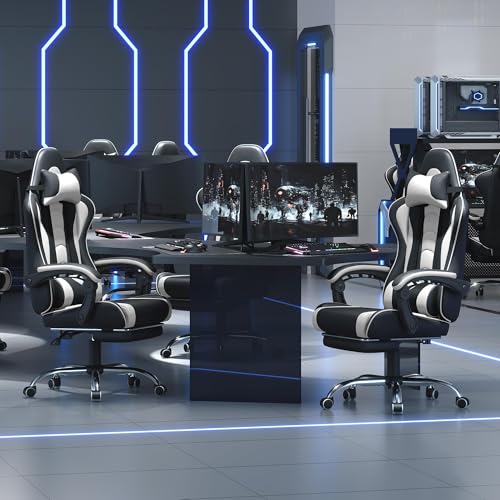 Yaheetech Gaming Chair with Electric Massage Lumbar Support, Footrest & Headrest — Ergonomic High Back Recliner for Home Office, Computer Desk Chair, Height Adjustable, 300 lbs, Black/White