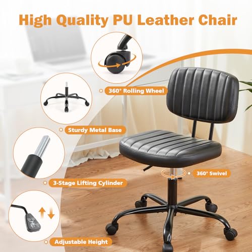 Sweetcrispy Small Office Desk Chair - Armless PU Leather with Comfy Lumbar Support, Height Adjustable Rolling Swivel Task for No Arms, for Adult, Student, Bedroom, Home, Vanity, Black