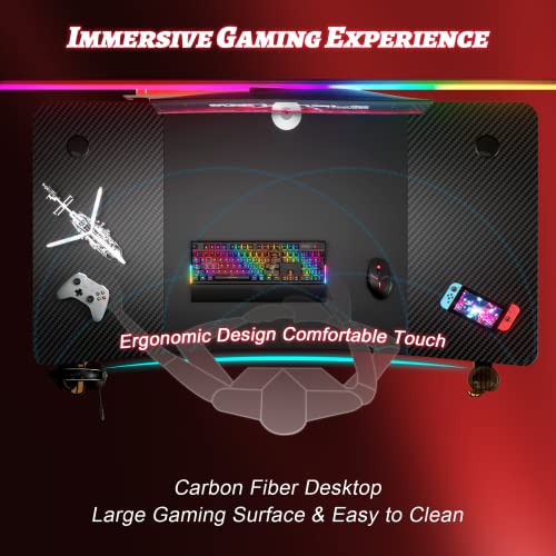 HLDIRECT 47 Inch Gaming Desk, Large Computer Gaming Desk Table with Cable Management, Ergonomic Carbon Fiber Gamer Table Pc Work Home Office Desks with Cup Holder & Headphone Hook & Mouse Pad, Black