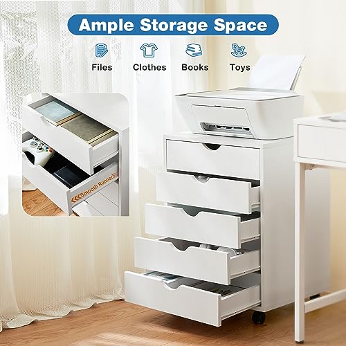 OLIXIS 5 Drawer Mobile File Cabinet Under Desk Storage Organization with Wheels Vertical Filing Chest Rolling Wood Small Desk Printer Stand for Home Office, 15.75"D x 18.74"W x 25.39"H, White