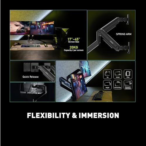 MSI MAG MT201D - Premium Heavy Duty Dual Monitor Stand Arms, 17-45" Support, VESA Compatible, Adjustable Spring Mount, 44 lbs per Screen, Clamp & Grommet, Quick Release Plate - Black