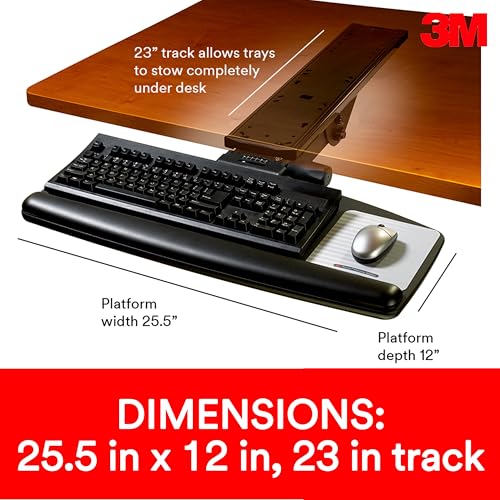 3M Keyboard Tray, Just Lift To Adjust Height And Tilt, Sturdy Tray Includes Gel Wrist Rest And Precise Mouse Pad, Swivels Side To Side And Stores Under Desk, 23" Track, Black (AKT90LE)