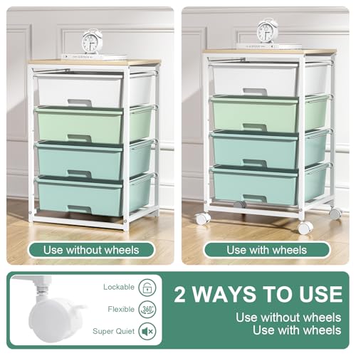 SYKIARIOL Utility Cart with 4 Drawers,Rolling Storage Cart with Drawers,Storage Rolling Drawer Cart with Wooden Tabletop for Bedroom,Kid's Room,Dorm,Classroom,Office,Green