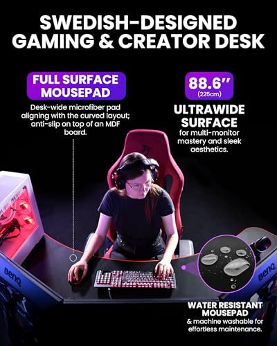 Arozzi Arena Angelo L Shaped GamingDesk, PC GamingDesk L Shape, Height Adjustable L Shaped Standing Desk for Home Office, with Full Coverage Mouse Pad (Black)