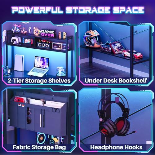 Aheaplus L Shaped Desk Gaming Desk, 59" L Shaped Computer Desk with LED Light & Power Outlet, Reversible Home Office Desk Gamer Desks with Shelves & Storage Bag & Hooks, Corner PC Desk, Black