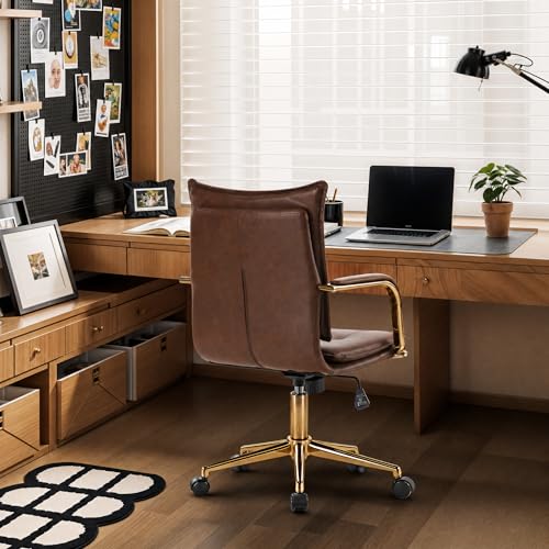 MOJAY Mid-Back Ergonomic Leather Office Desk Chair, Modern Upholstered Computer Chair, Executive Office Chair with Arms, Swivel Adjustable Rolling Chair with Gold Base (Brown)