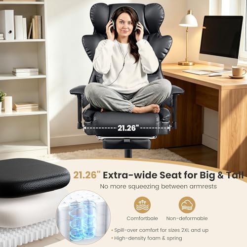 Stella Mia Big & Tall Office Chair 400 lbs – 21.3" Wide Seat High Back Ergonomic Executive Chair with Retractable Footrest, Heavy Duty Computer Gaming Chair for Heavy People, Black