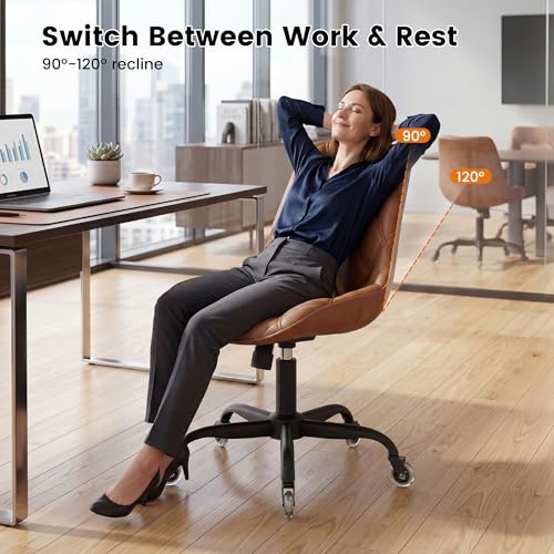 Armless Office Chair, Mid Back Modern Desk Chair with Rubber Wheels, 360 Swivel PU Leather Office Chair No Arms, Adjustable Height Small Computer Chair, Armless Desk Chair for Office, Brown
