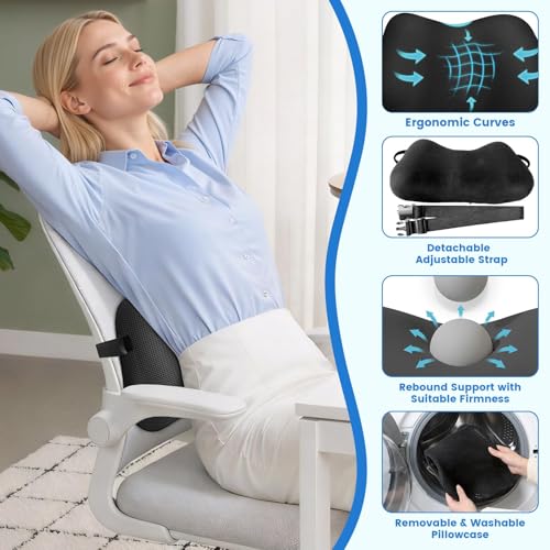 ComfyInLove Lumbar Support Pillow for Office Chair, Memory Foam Lower Back Support, Ergonomic Lumbar Pillow with Adjustable Strap, Breathable Cover (Black)