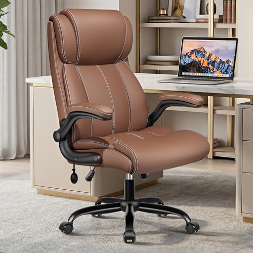 Stella Mia Ergonomic Office Chair – High Back Leather Desk Chair with Adjustable Lumbar Support & Flip-Up Arms, Premium Padded Seat for Home Office Desk, Brown