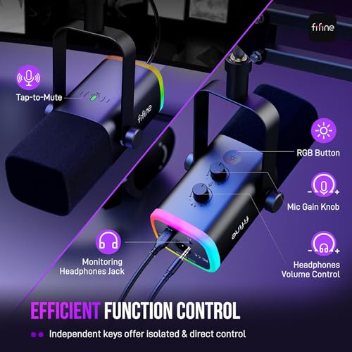 FIFINE XLR/USB Gaming Microphone Set, Dynamic PC Mic for Streaming Podcasting, Computer RGB Mic Kit with Boom Arm Stand, Mute Button, Headphones Jack, for Recording Vocal Voice-Over-AmpliGame AM8T