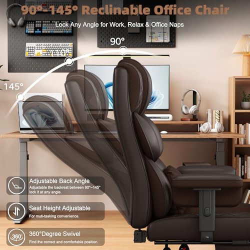 Vonesse Big and Tall Office Chair, Desk Chair with Soft Adjustable Armrests, Ergonomic High Back Gaming Chair with Lumbar Support, Executive Computer Chairs with Footrest (PU Leather, Brown)