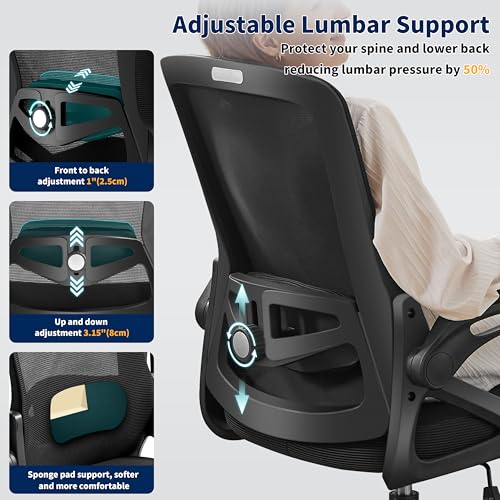Nexthro Ergonomic Office Chair, Desk Chair with Adjustable Lumbar Support, Breathable Mesh Comfy Computer Chairs with Flip-up Armrests Executive Task Chair for Adults Home Office(Black)