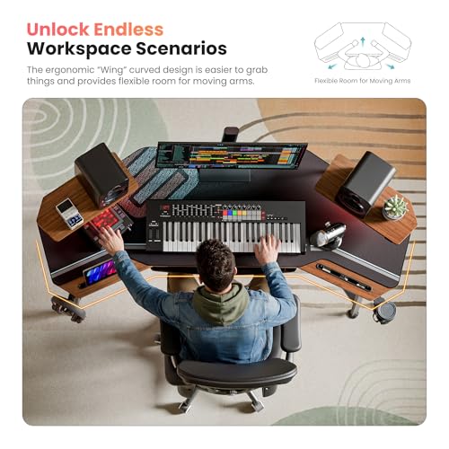 EUREKA ERGONOMIC 72" Gaming Desk W Keyboard Tray, Wing-Shaped Music Studio Desk, Large Computer Table W LED Convertible Monitor Stand Dual Headphone Hanger for Recording Live Streamer, Walnut Wood