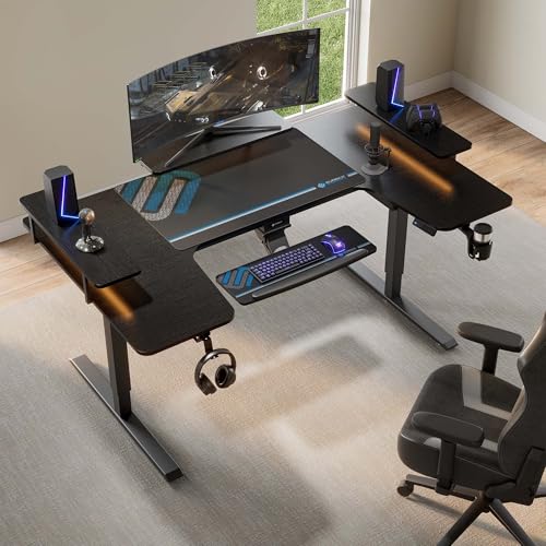EUREKA ERGONOMIC Standing Desk with Keyboard Tray,U-Shaped 74 Inch Large Gaming Desk,Electric Height Adjustable Music Studio Desk w LED Convertible Shelves
