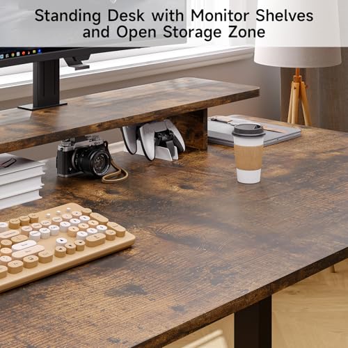 ONBRILL L Shaped Standing Desk with File Cabinet, 63x24'' Electric Stand Up Desk with Monitor and Storage Shelf, Adjustable Height 28-46'' for Home and Computer Workstation, Rustic Brown