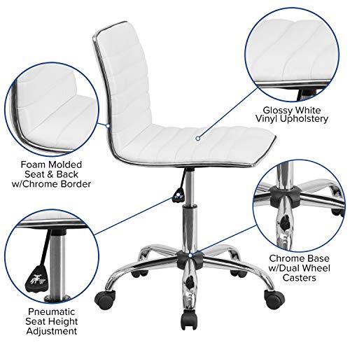 Flash Furniture Alan Low-Back Ribbed Upholstered Vinyl Swivel Desk Chair with Padded Seat, Modern Adjustable Height Padded Office Chair, White