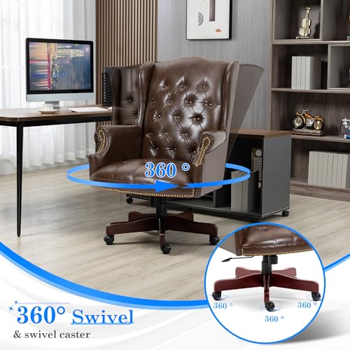 Big and Tall Executive Office Chair, Ergonomic 360° Swivel Recliner Chair, Retro Brown Faux Leather Home Office Desk Chairs w/Button Tufted Wingback Comfy Luxury Heavy Duty 500 Lb & Height Adjustable