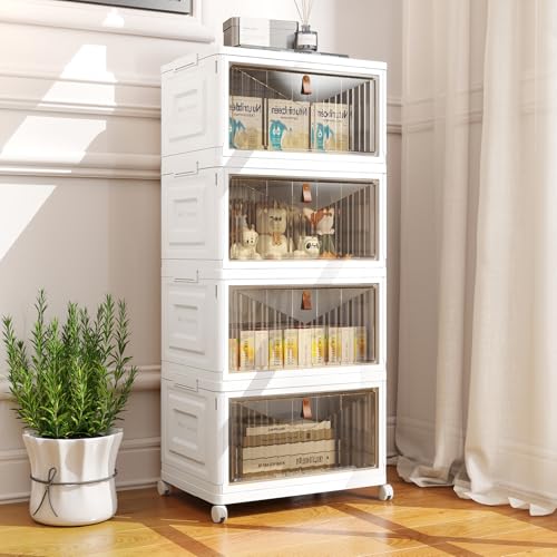 4 Tier Storage Bins with Lids, 23QT Stackable Closet Organizers and Storage with Wheels, Collapsible Storage Boxes, Foldable Plastic Storage Containers for Home,Office, Dorm Room-White