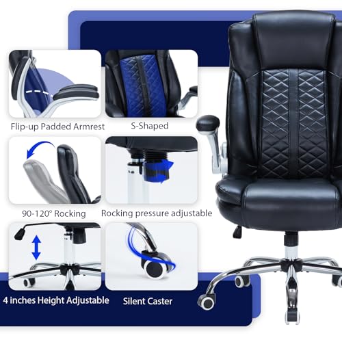 400lbs Executive Office Chair with Flip-Up Armrests, Big and Tall Computer Chair for Heavy People, Heavy Duty Ergonomic Comfy Chair, Breathable PU Leather (Black)