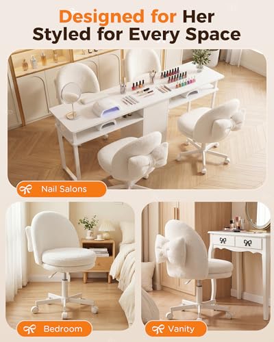 GTPLAYER Velvet Tall Office Chair with Wheels Vanity Chairs with Back, Versatile Height Use: Office to Bar Stools Small Ergonomic Comfy Armlees Computer Desk Chair with Bow Lumbar Pillow for Gift