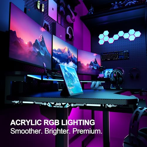 JWX Dual Motor Standing Gaming Desk with Aluminum Alloy Led Lights, 72'' Wing Shaped Large Gaming Studio Music Desk with Slot Design Shelves, for Streamer, Social Media Influencer & Music Recording