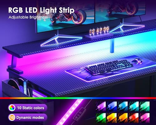 ODK 40 Inch Gaming Desk with USB Power Outlets and LED Lights, Reversible L Shaped Computer Desk with Storage Shelves & Monitor Stand, Corner Home Office Desk Table, Carbon Fiber Surface, Black