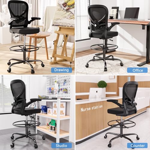 Alolo Drafting Chair,Big and Tall Office Chair with Footrest Ring,Ergonomic Chair for Counter Height and Standing Desk Comfy with Lumbar Support and Flip-up Armrests in Heavy Rolling Base,Black