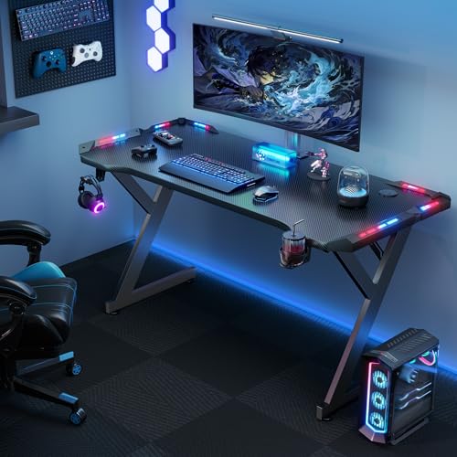 HLDIRECT 40 INCH Gaming Desk with LED Lights, Home Office Gamer Desk, Ergonomic Computer Table with Large Carbon Fiber Desktop, Office Workstation, Cup Holder & Headphone Hook, Black