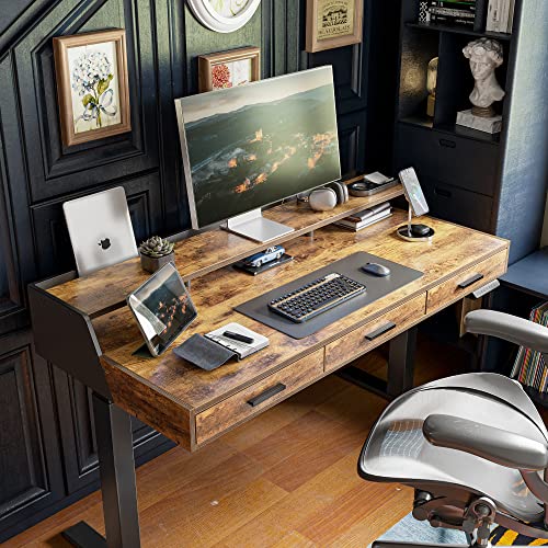 CubiCubi Standing Desk 48x26 Inches with 3 Wood Drawers and Monitor Shelf, Ergonomic Rising Home Office Desks, Height Adjustable Computer Desk, Sit Stand Up Electric Workstation Table, Brown