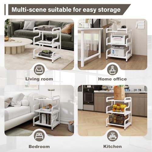Natwind 3-Tier Printer Stand with Wheels Movable Storage Cart Floor-Standing Multi-Purpose Shelf Rack for Media Player Scanner Files Books Microwave Oven in Kitchen Living Room Home Office (White)