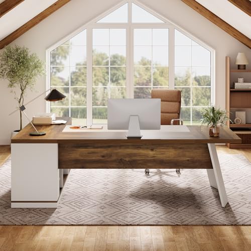 Tribesigns 78.7" L-Shaped Executive Desk, Modern Office Desk with 55.1" Storage Cabinet, Large Computer Table with Drawers, Business Furniture Workstation for Home Office, Brown & White