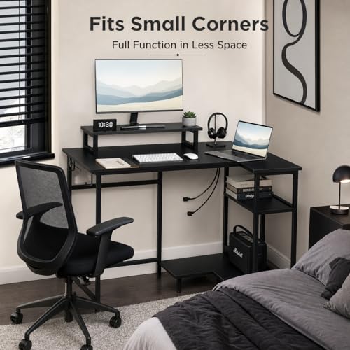 DEVAISE 47" L Shaped Gaming Desk with LED Lights and Power Outlets - Spacious Corner Computer Table with Monitor Stand and Storage Shelves for Work and Gaming, Black