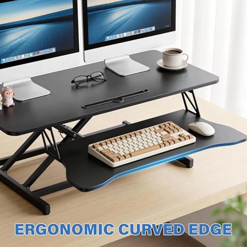37" Height Adjustable Standing Desk Converter, Two Monitor Stable Stand up Desk Converter, 5.9"-18.8" Height Adjustable Laptop Workstation with Keyboard Tray, Desktop Riser for Home and Company