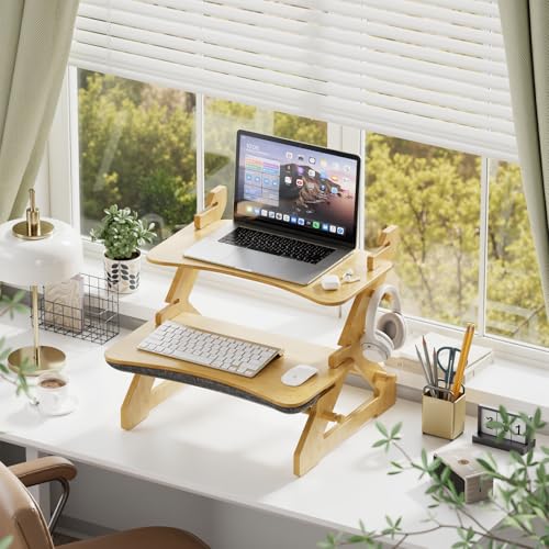 Amazer Standing Desk Converter, 22 inch Bamboo Small Sit Stand Up Desk Riser with Lap Desk Computer Desktop Desk Converter for Monitor and Laptop with Keyboard Tray