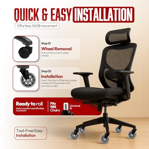 Wheels Xela Office Chair Wheels, Set of 5, 3 Inch Heavy-Duty Replacement Rubber Wheels for Desk & Gaming Chair are Easy to Install & Suitable for All Floor Types