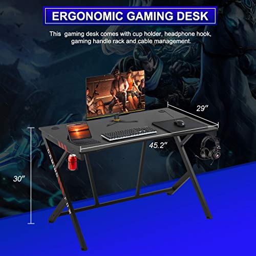 FDW Gaming Desk 45" W x 29" D Home Office Computer Desk Racing Style Study DeskExtra Large Modern Ergonomic PC Carbon Fiber Writing Desk Table with Cup Holder Headphone Hook