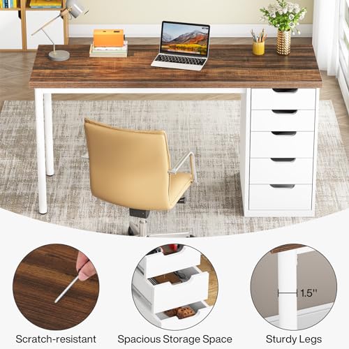 Tribesigns Computer Desk with 5 Drawers, 47 inches Rustic Brown Home Office Desk with Storage, Modern Simple Laptop Desk Study Writing Table for Small Spaces (1, Brown+White)