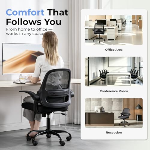 Ergonomic Mesh Office Chair for Home Office, Flip-Up Arms, Breathable Mesh Back & Thick Seat Cushion, Swivel Rolling Computer Desk Chair, BIFMA Certified, Supports 300 lbs (Black Frame/Black Seat)