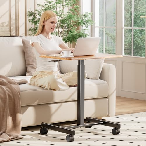 DUMOS Small Standing Desk Mobile Portable Rolling Laptop PC Table on Wheels Adjustable Height Computer Workstation for Home Office, 19 Inch, Modern Brown