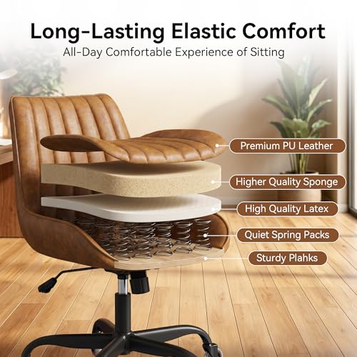 Armless Office Chair, Mid Back Modern Desk Chair with Rubber Wheels, 360 Swivel PU Leather Office Chair No Arms, Adjustable Height Small Computer Chair, Armless Desk Chair for Office, Brown